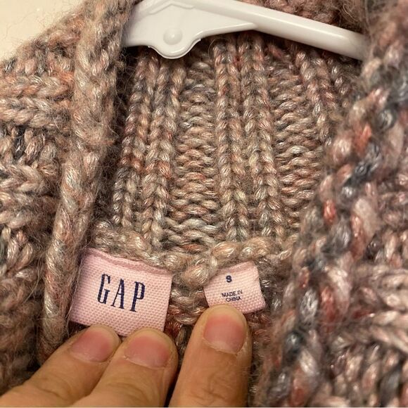 Gap grey pink Cable knit mock neck chunky wool alpaca fisherman sweater S - Picture 6 of 10